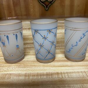 Peruvian set of Vintage Frosted Glasses with Blue and Gold Design